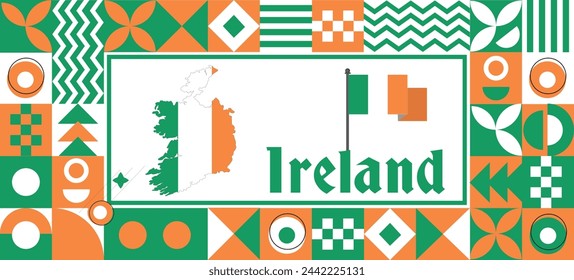 Ireland Map flag independence day geometric Country web banner corporate abstract background design with flag theme. Country Vector Illustration