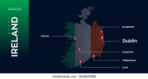 Ireland map with flag info graphic. Abstract vector map of Ireland with capital and major cities. Dots composition map on dark background.
