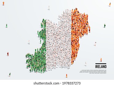 Ireland Map and Flag. A large group of people in the Ireland flag color form to create the map. Vector Illustration.