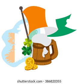 Ireland map, flag and a mug of beer.