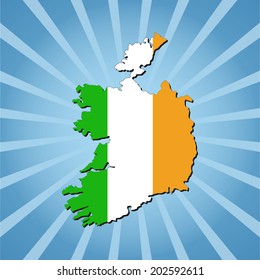 Ireland map flag on blue sunburst illustration