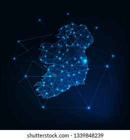 Ireland map glowing silhouette outline made of stars lines dots triangles, low polygonal shapes. Communication, internet technologies concept. Wireframe futuristic design. Vector illustration