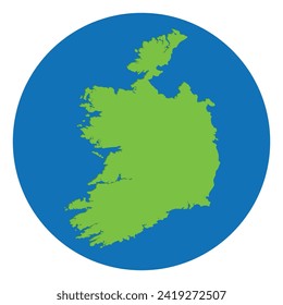 Ireland map. Map of Ireland in green color in globe design with blue circle color.