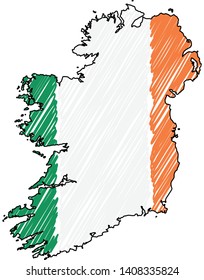 Ireland map hand drawn sketch. Vector concept illustration flag, childrens drawing, scribble map. Country map for infographic, brochures and presentations isolated on white background. Vector