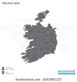 Ireland map high detailed with regions and cities of the country on white background. Vector illustration EPS10.