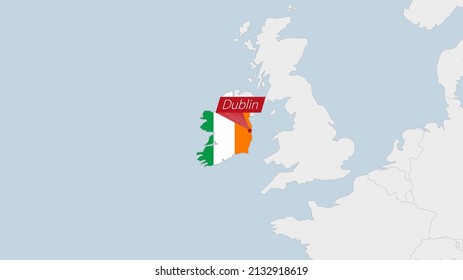 Ireland map highlighted in Ireland flag colors and pin of country capital Dublin, map with neighboring European countries.