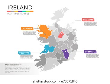 Ireland map infographics vector template with regions and pointer marks