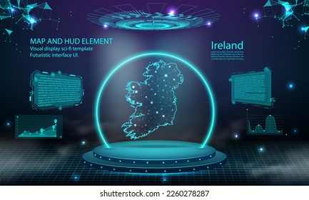 ireland map light connecting effect background. abstract digital technology UI, GUI, futuristic HUD Virtual Interface with ireland map. Stage futuristic podium in fog.