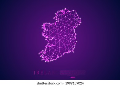 Ireland Map mash line and point scales on purple technology background. Wire Frame 3D mesh polygonal network line, design sphere, dot and structure -  Vector illustration eps 10