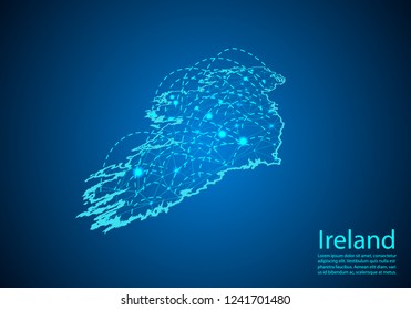 ireland map with nodes linked by lines. concept of global communication and business. Dark ireland map created from white dots with travel locations or internet connection.