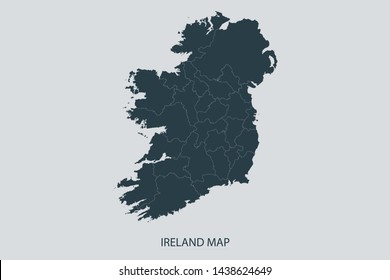 Ireland map on gray background vector, Ireland Map Outline Shape Gray on White Vector Illustration, Map with name. High detailed Gray illustration map Ireland.