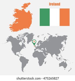 Ireland map on a world map with flag and map pointer. Vector illustration