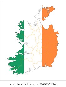 Ireland map on a world map with flag on white background.