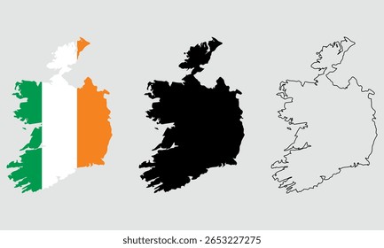 Mapa da Irlanda em estilo de contorno, cor preta, cor da versão da bandeira do país.	