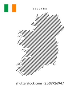 Ireland map from pattern of black slanted parallel lines. Irish map with gray diagonal lines. Silhouette of a country made of oblique hatching. Vector illustration isolated on white.