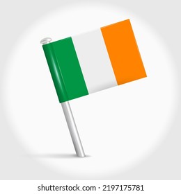 Ireland map pin flag icon. Irish pennant map marker on a metal needle. 3D realistic vector illustration.