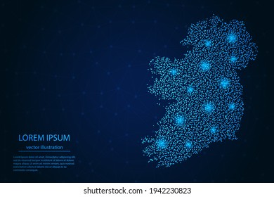 Ireland map from point blue and glowing stars on a dark background. Vector eps 10.