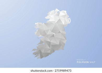 Mapa da Irlanda - ilustração vetorial estilo polígono em tons de cinza, branco e azul, design geométrico baixo-poli, silhueta mínima, adequado para design infográfico e moderno.