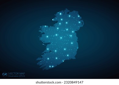 Ireland map radial dotted pattern in futuristic style, design blue circle glowing outline made of stars. concept of communication on dark blue background. Vector EPS10