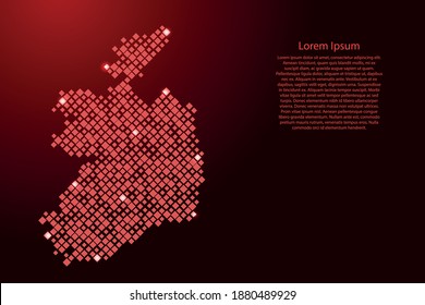 Ireland map from red pattern rhombuses of different sizes and glowing space stars grid. Vector illustration.