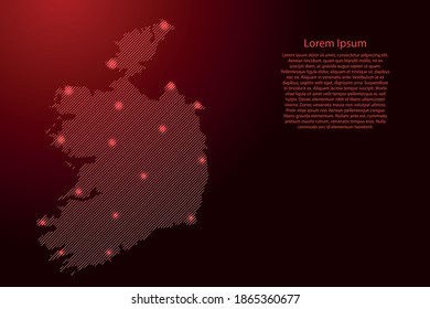 Ireland map from red pattern slanted parallel lines and glowing space stars grid. Vector illustration.