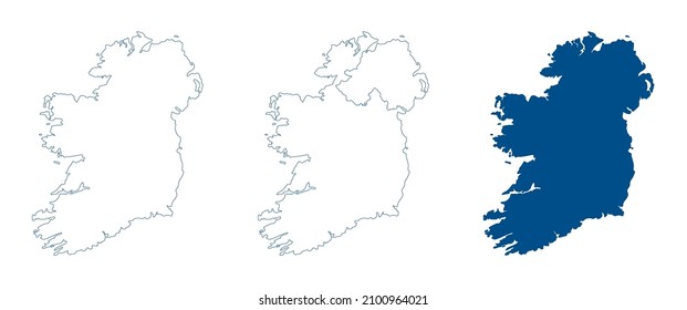 Ireland map. Republic of Ireland and Northern Ireland. Detailed blue outline and silhouette. Set of vector maps. All isolated on white background. Template for design.