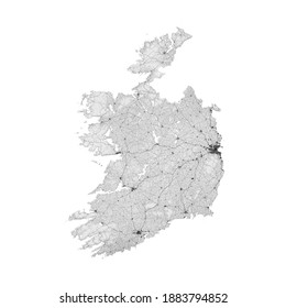 Irland Karte. Fahrplan für Irland. Es umfasst alle Straßen des Landes (von Autobahnen über Landstraßen bis zu Eisenbahnstrecken) ordnungsgemäß gruppiert. Hellgraue dekorative Grafiken.