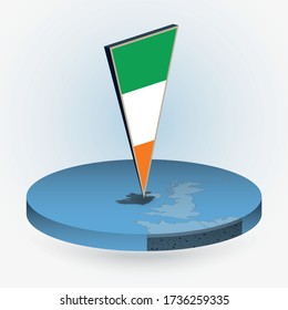 Ireland map in round isometric style with triangular 3D flag of Ireland, vector map in blue color. 