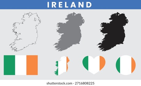 Mapa de Irlanda con la silueta del contorno de los condados e iconos de la bandera nacional
