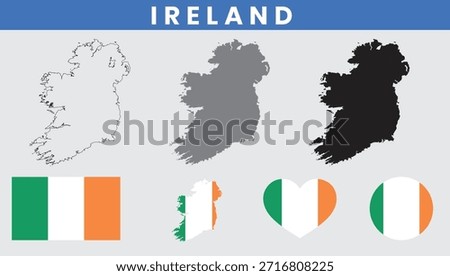 Ireland map set with counties outline silhouette and national flag icons