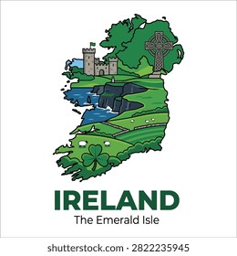Ireland map showing castle, Celtic cross, Cliffs of Moher, and shamrock on green fields