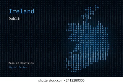 Ireland Map Shown in Binary Code Pattern. Matrix numbers, zero, one. World Countries Vector Maps. Digital Series