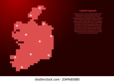 Ireland map silhouette from red square pixels and glowing stars. Vector illustration.