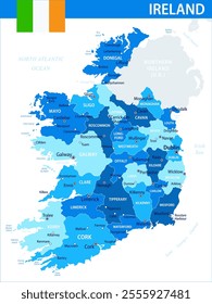 Ireland Map Vector Blue Spot - Customizable layered political map of Ireland with administrative divisions for website, education, reports, news, politics, print, poster and wallpaper