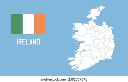 Ireland map. Vector Ireland map with Ireland flag isolated on blue background.	