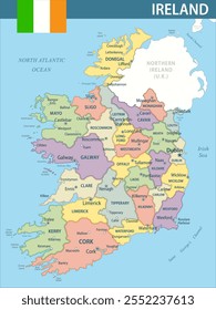 Irlanda Mapa Vector Nuevo 2024 Colorido - Mapa político en capas personalizable de Irlanda con divisiones administrativas para Sitio web, educación, informes, noticias, política, impresión, póster y Fondo de pantalla