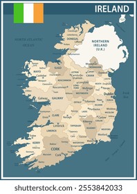 Ireland Map Vector Vintage Dark Blue Beige - Customizable layered political map of Ireland with administrative divisions for website, education, reports, news, politics, print, poster and wallpaper