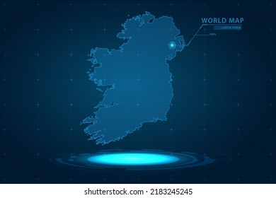 Ireland Map - World Map International vector template with Hologram in perspective style and HUD, GUI, UI interface isolated on blue background for design - Vector illustration eps 10