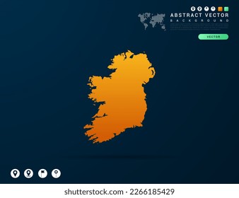 Mapa irlandés de gradiente amarillo y naranja sobre vector de fondo oscuro.