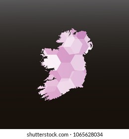 Ireland map-Purple map made of hexagon on black and gray background, gradient color. Vector illustration eps 10.