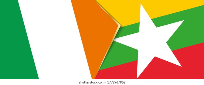 Banderas de Irlanda y Myanmar, dos banderas vectoriales símbolo de relación o enfrentamiento.