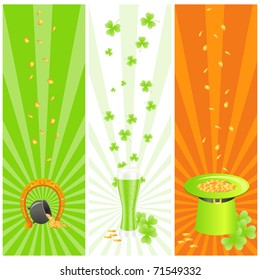 Ireland national colored banners with luck horseshoe, treasure pot, golden coins, green leprechaun's hat and three-leaf clover or shamrock