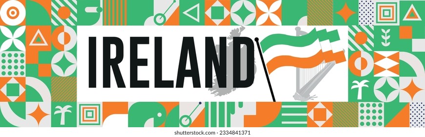 Ireland national day banner design. Ireland flag and map theme with background. Template vector Ireland flag modern design. Abstract geometric retro shapes of Green and blue color. Ireland Scandinavia