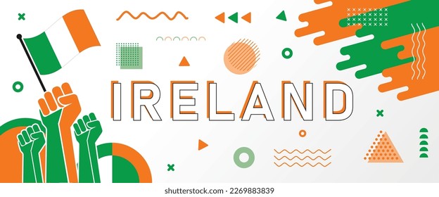 Ireland National day banner for Independence day with abstract modern design. Saint Patrick's Day map, raised fists and geometric art in flag color theme