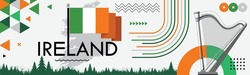 Ireland National Day Banner With Irish Flag Colors Theme Background And Geometric Abstract Retro Modern Green Orang White Design. Irish Harp And Map Icon, Celebration Of St Patrick's Day. Vector