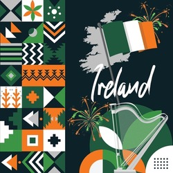 Ireland National Day Banner With Irish Flag Colors Theme Background And Geometric Abstract Retro Modern Green Orang White Design. Irish Harp And Map Icon, Celebration Of St Patrick's Day. Illustration