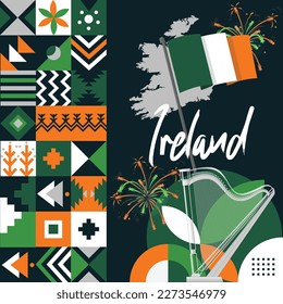 Ireland national day banner with Irish flag colors theme background and geometric abstract retro modern green orang white design. Irish Harp and map icon, celebration of St Patrick's Day. Illustration