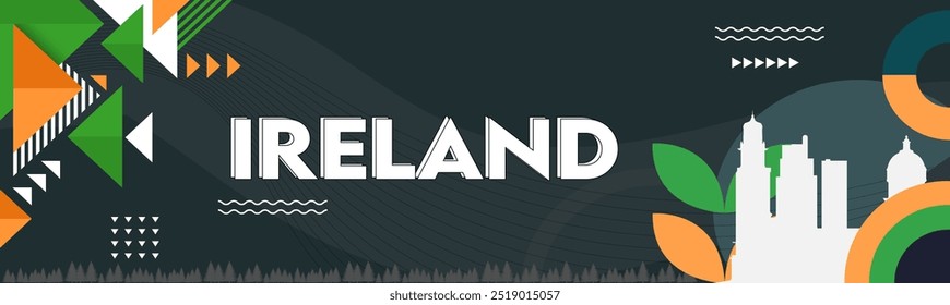 Banner nacional da Irlanda com fundo tema bandeira irlandesa com abstrato geométrico retro moderno. Celebração do Dia de São Patrício. Ilustração vetorial.