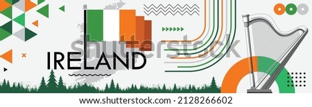 Ireland national day banner with Irish flag colors theme background and geometric abstract retro modern green orang white design. Irish Harp and map icon, celebration of St Patrick's Day. Vector