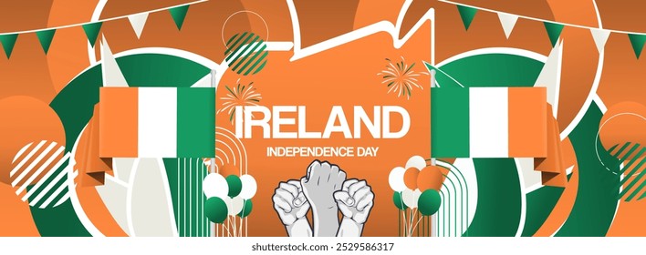 Ireland national day festive banner. Modern background for holiday celebration, greeting card, billboard, sport event backdrops. April 24th. Happy Ireland Independence Day
